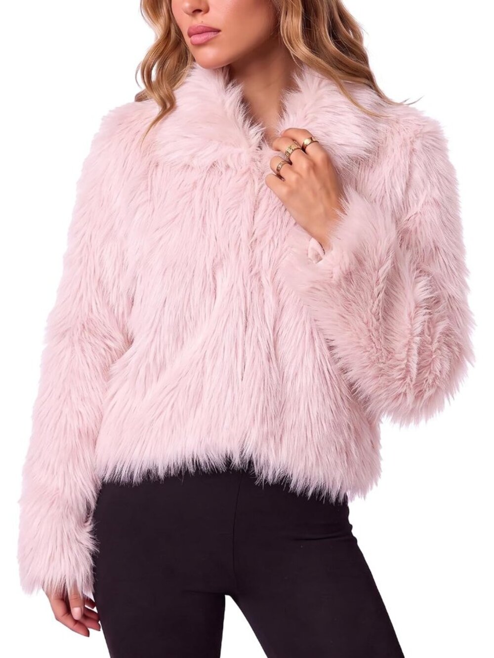 Women's Pink 100% Polyester Faux Fur Cozy Collared V-Neck Shaggy Crop Coats